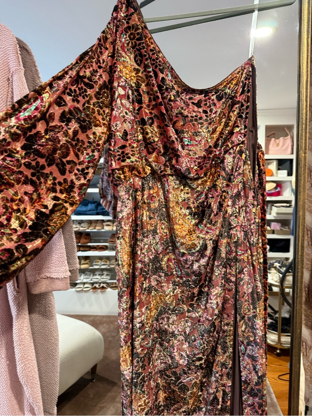 Hemant and Nandita One-Shoulder Velvet Floral Maxi Dress in Rose Multi
